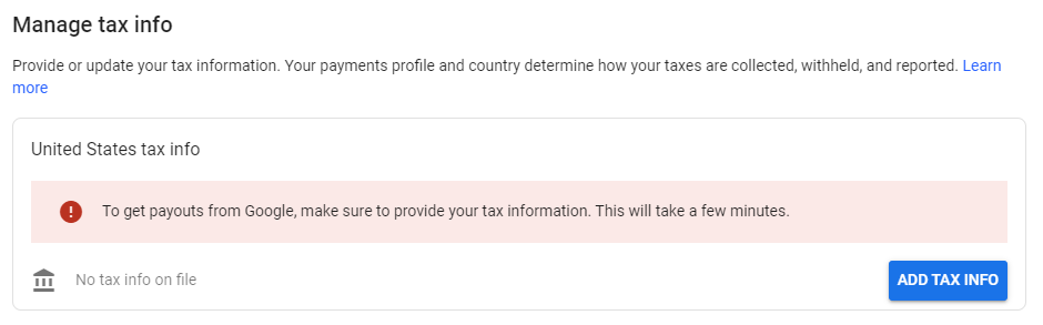 Tax Information in AdSense Account